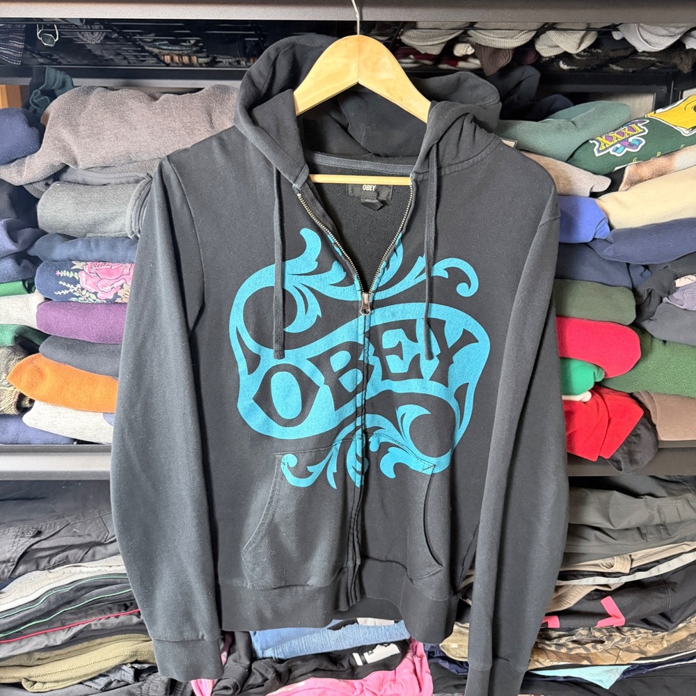 Y2K OBEY Graphic Logo Full Zip Hoodie Black Turquoise Men's‎ Small